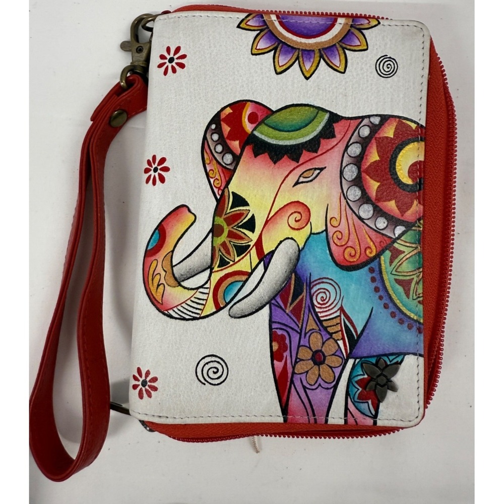 Anuschka Retro Elephant Ivory Hand-Painted Leather Organizer Wallet GORGEOUS